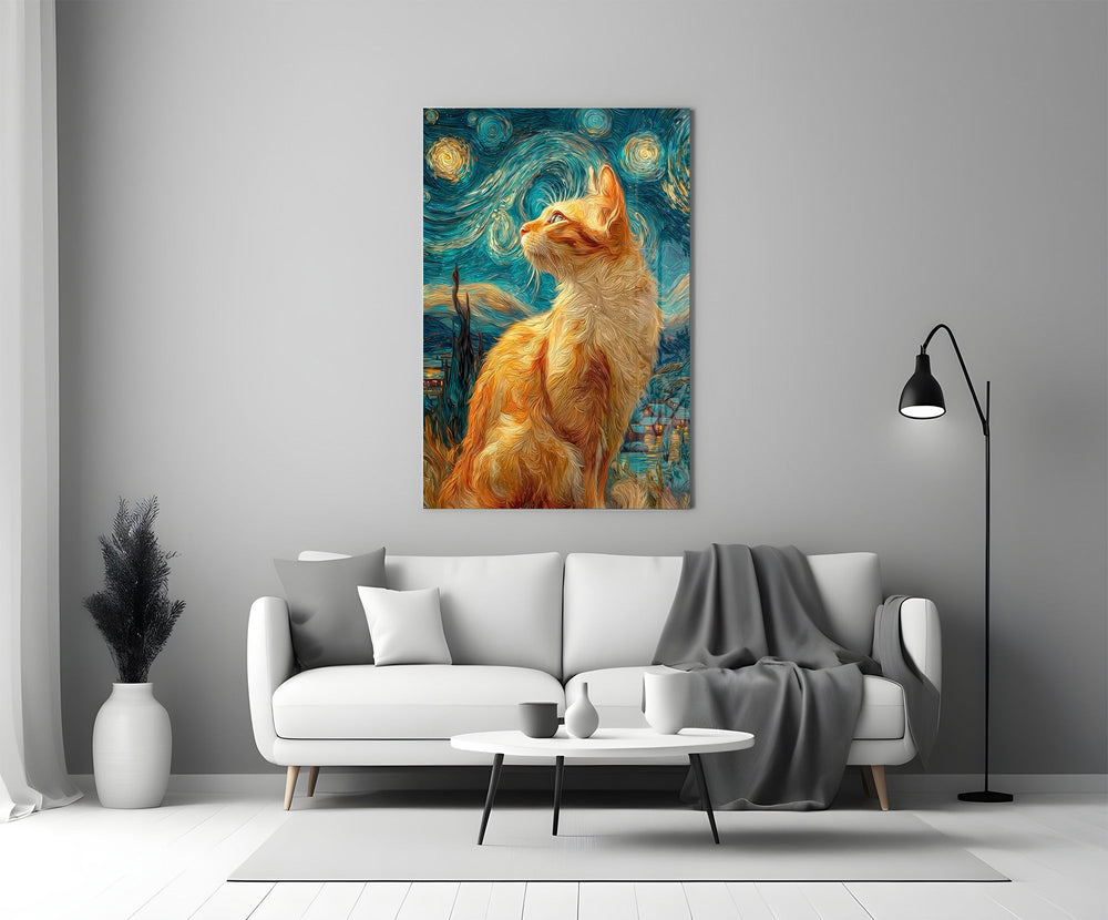 swirling starry night ginger cat panel bringing character to a minimalist living room wall