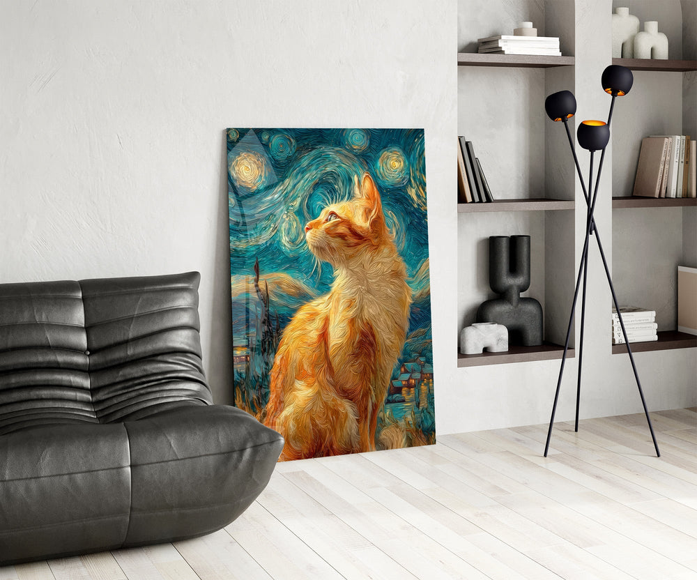 swirling starry night ginger cat glass wall art leaning beside a dark leather sofa