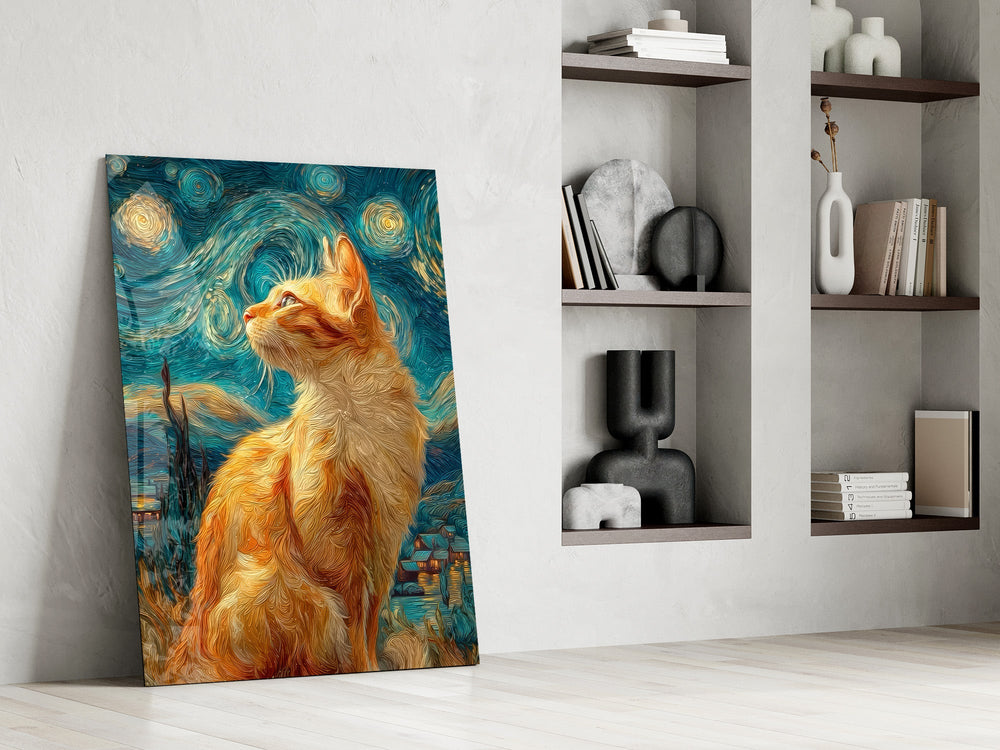 swirling starry night ginger cat panel resting in a shelving niche in a modern interior