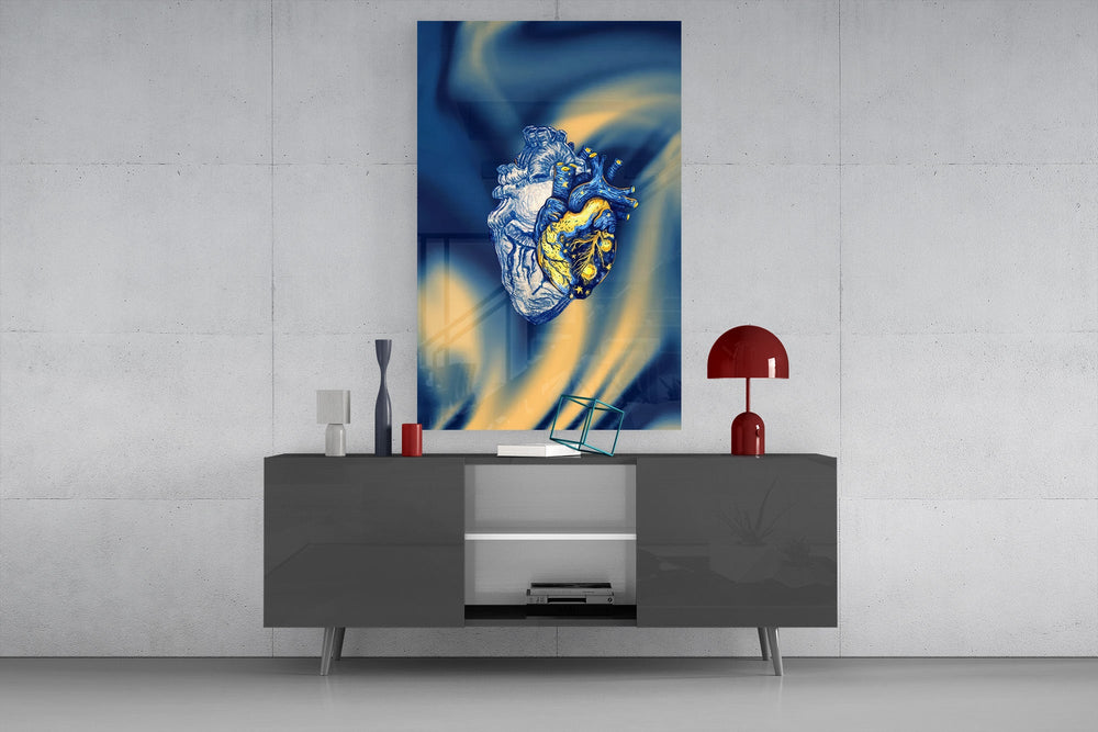 golden starry anatomical heart glass wall art styled in an atmospheric room setting