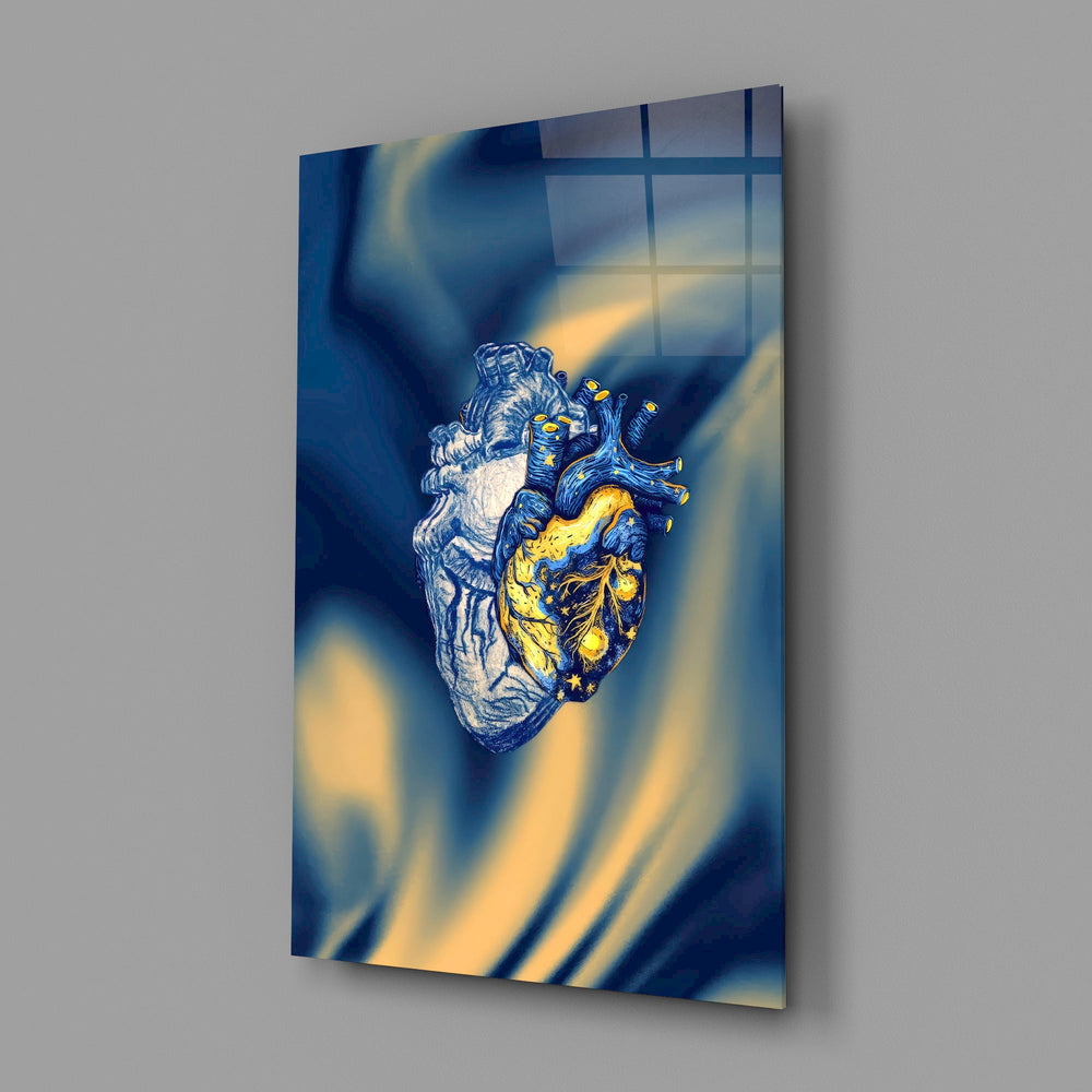 golden starry anatomical heart glass wall art angled to show the polished tempered glass panel