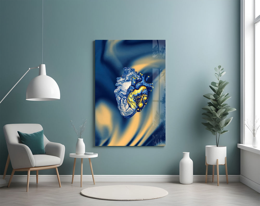 golden starry anatomical heart glass wall art styled above an armchair in a reading corner