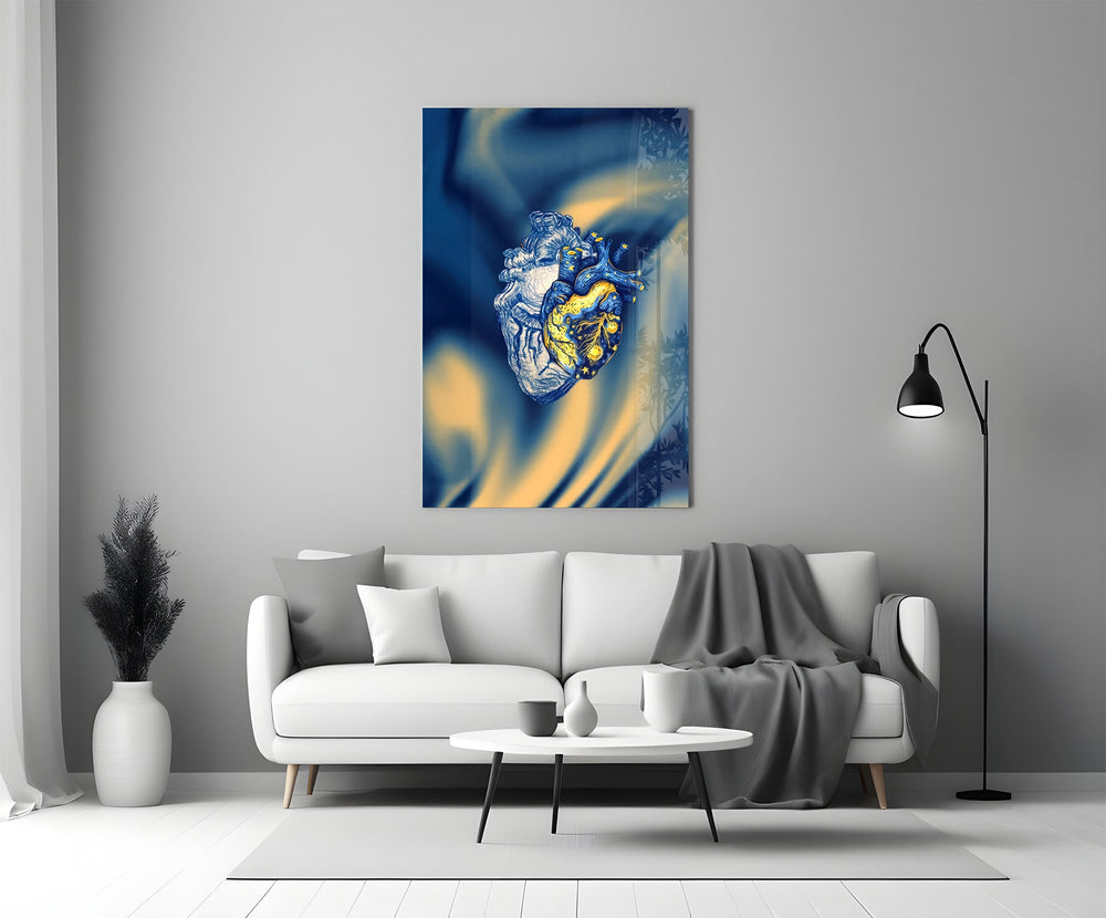 golden starry anatomical heart panel bringing character to a minimalist living room wall