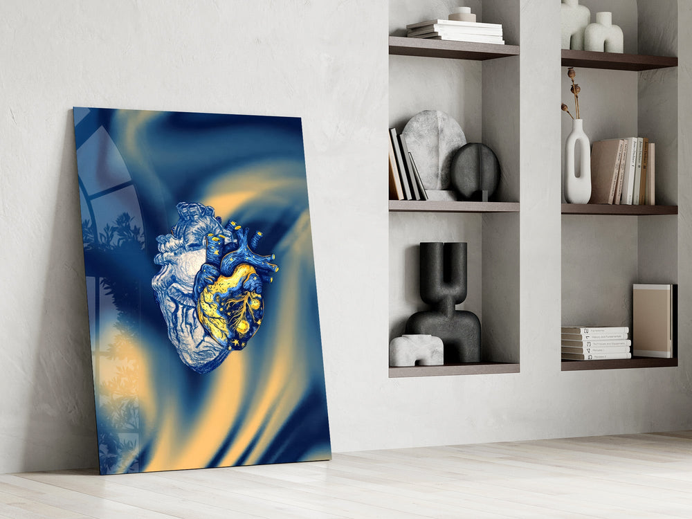 golden starry anatomical heart panel resting in a shelving niche in a modern interior