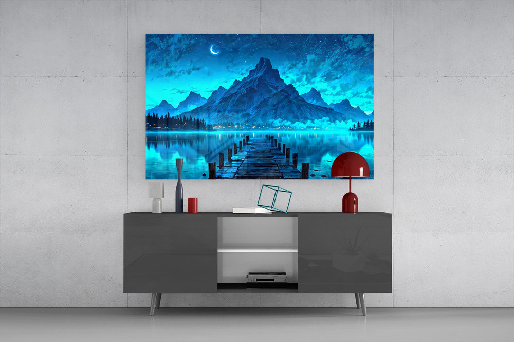 moonlit mountain lake with a dock glass wall art styled in an atmospheric room setting