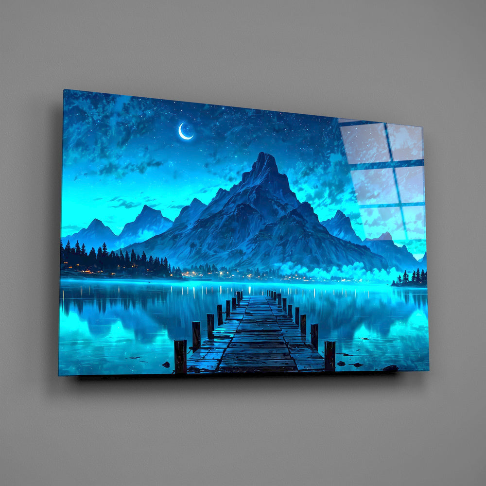 moonlit mountain lake with a dock glass wall art angled to show the polished tempered glass panel