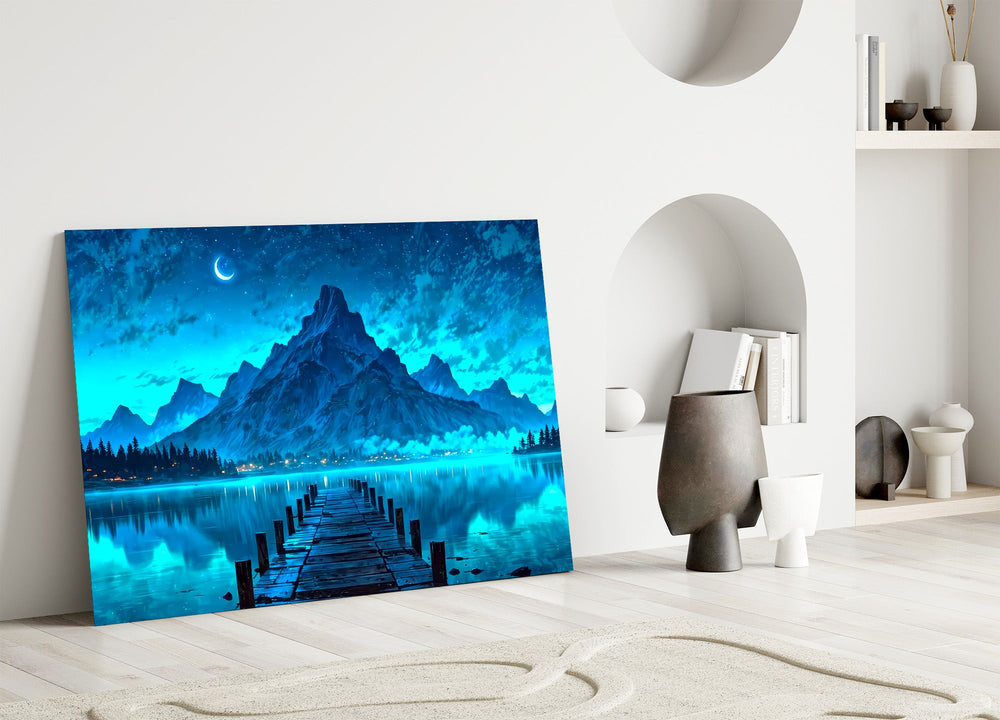 moonlit mountain lake with a dock panel bringing character to a minimalist living room wall
