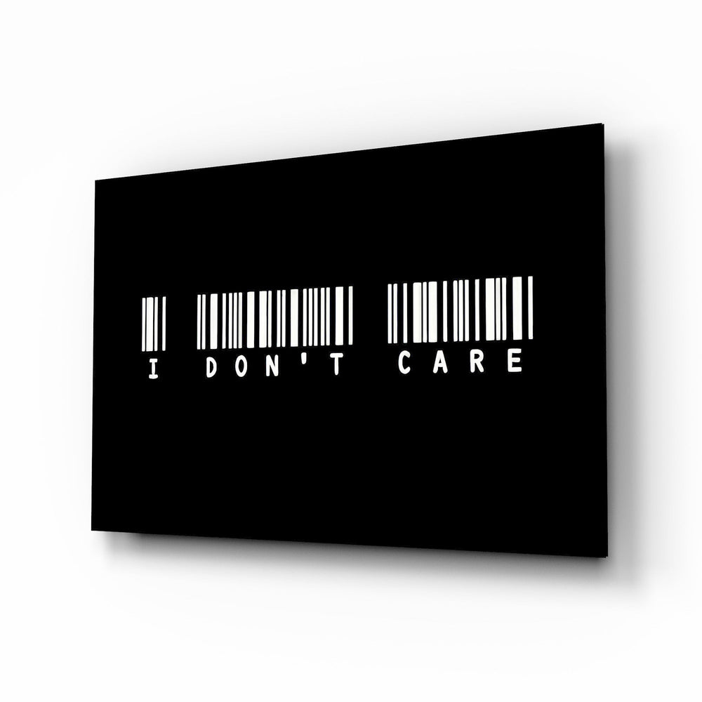 I Don't Care Barcode Glass Wall Art - Lifestyle preview in a designer interior