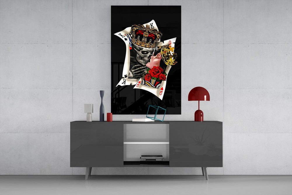 skull king and masked queen cards glass wall art styled in an atmospheric room setting