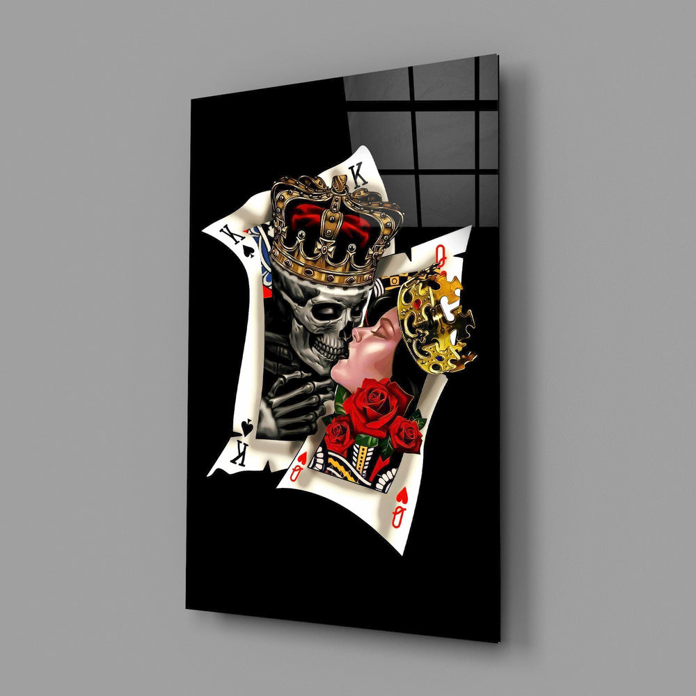 skull king and masked queen cards glass wall art angled to show the polished tempered glass panel