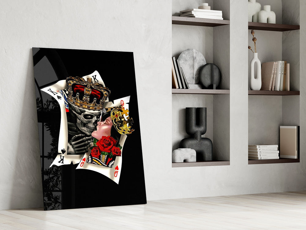 skull king and masked queen cards panel resting in a shelving niche in a modern interior