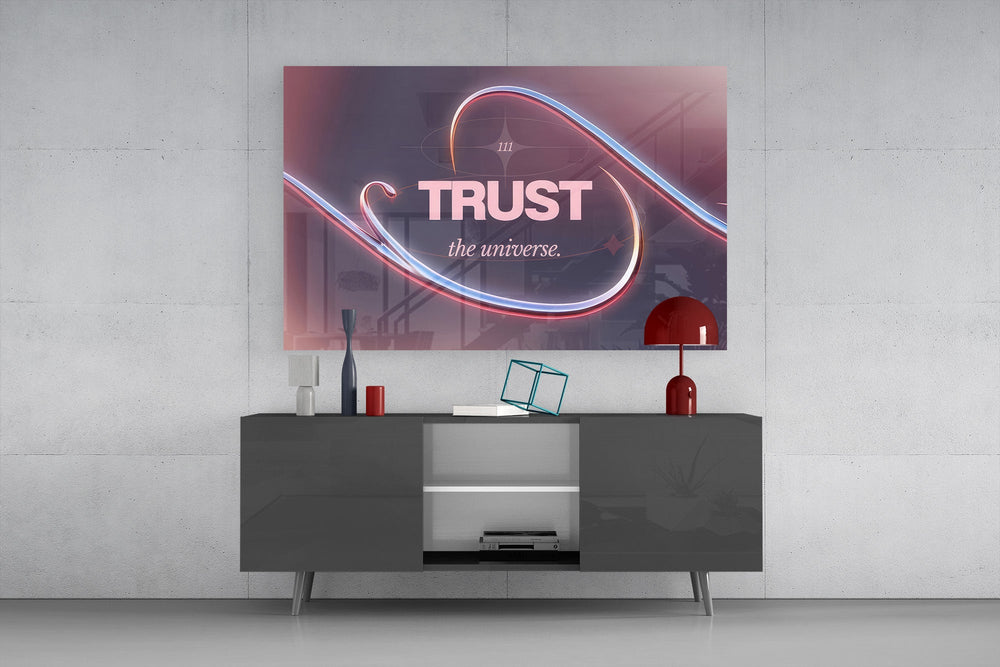 iridescent chrome wave affirmation glass wall art styled in an atmospheric room setting