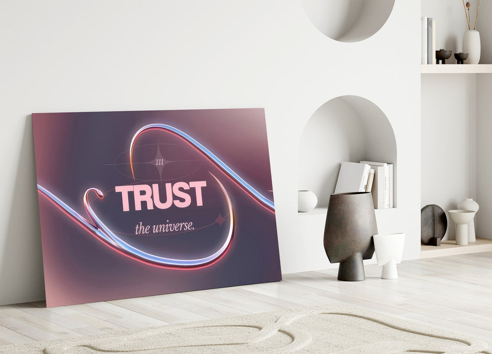 iridescent chrome wave affirmation panel bringing character to a minimalist living room wall