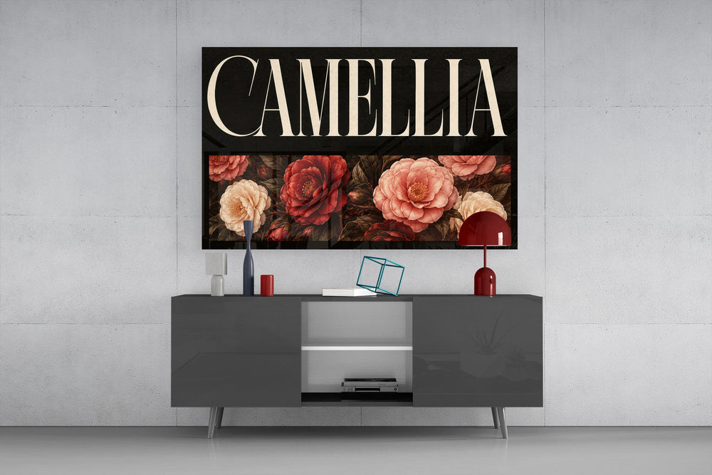 camellia bloom typography glass wall art styled in an atmospheric room setting
