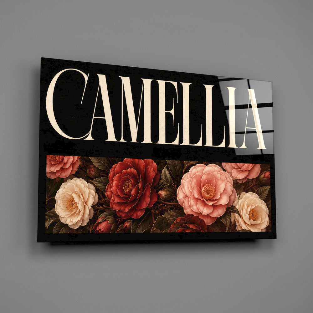 camellia bloom typography glass wall art angled to show the polished tempered glass panel