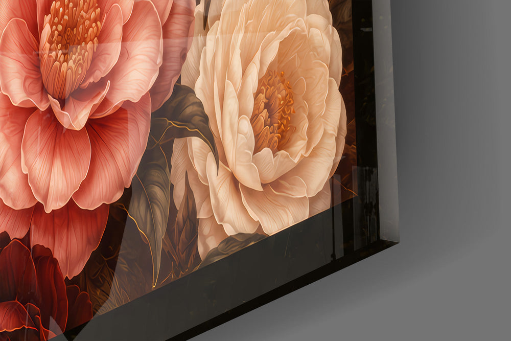 Close-up detail of the layered camellia petals in crimson, blush, and cream on the glass surface