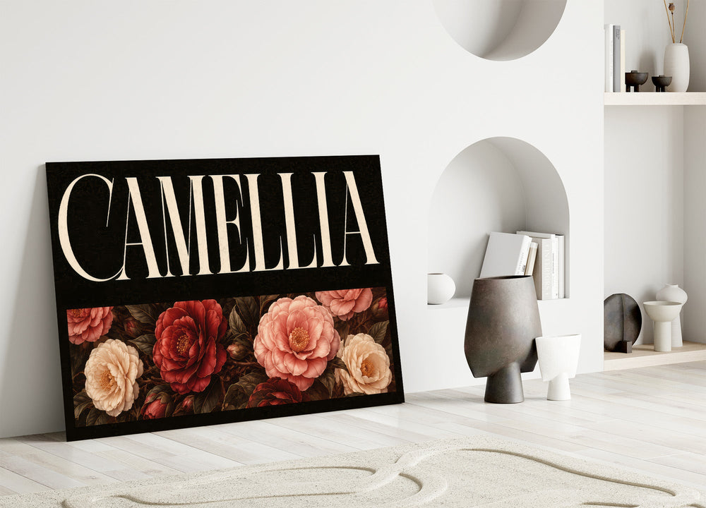 camellia bloom typography panel bringing character to a minimalist living room wall