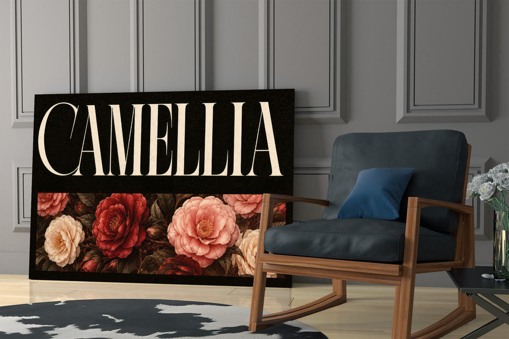 camellia bloom typography panel resting in a shelving niche in a modern interior