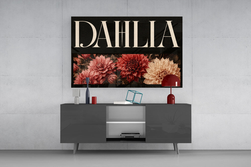 dahlia bloom typography glass wall art styled in an atmospheric room setting