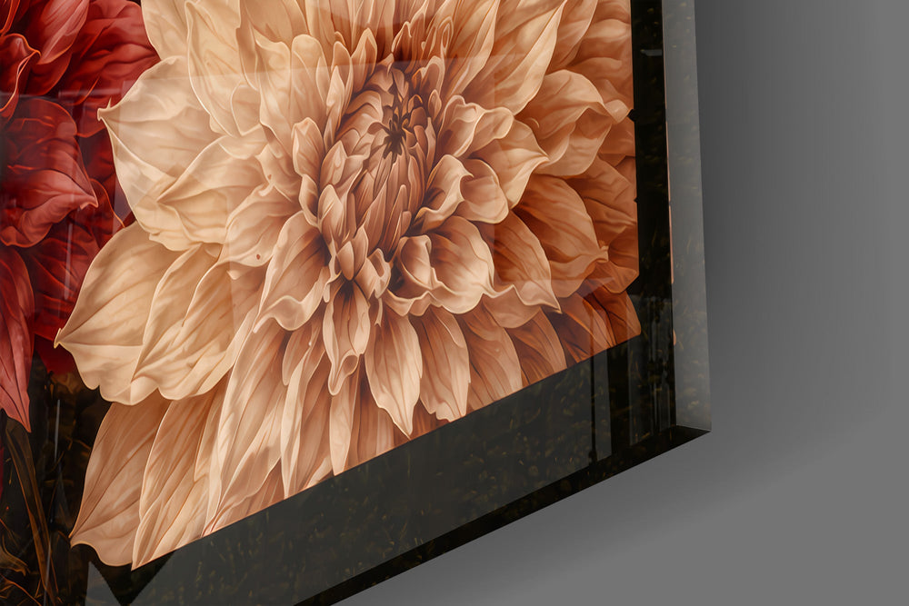 Close-up detail of the layered dahlia petals in deep red, dusty rose, and cream on the glass surface
