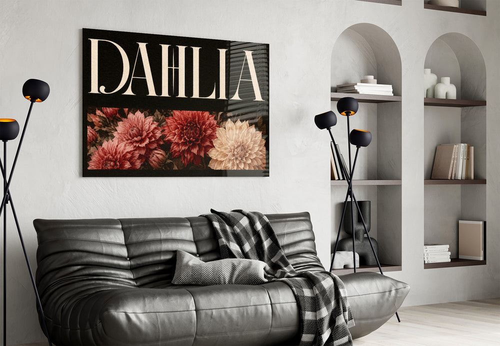 dahlia bloom typography glass wall art styled above an armchair in a reading corner