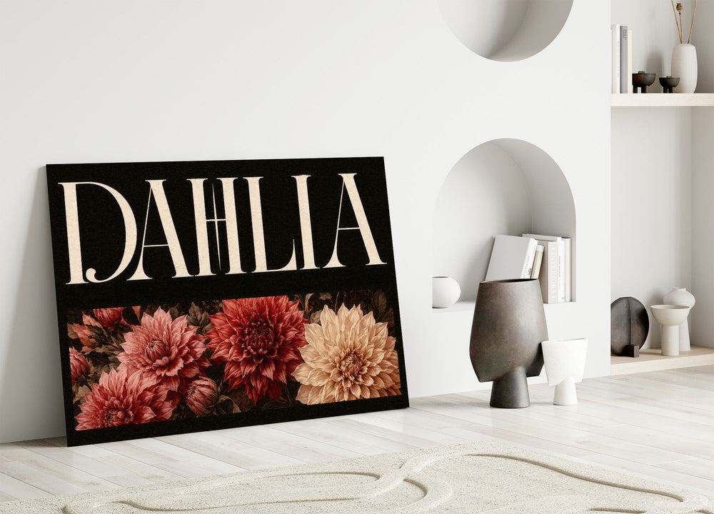 dahlia bloom typography panel bringing character to a minimalist living room wall