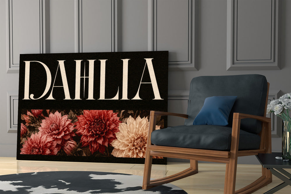 dahlia bloom typography panel resting in a shelving niche in a modern interior