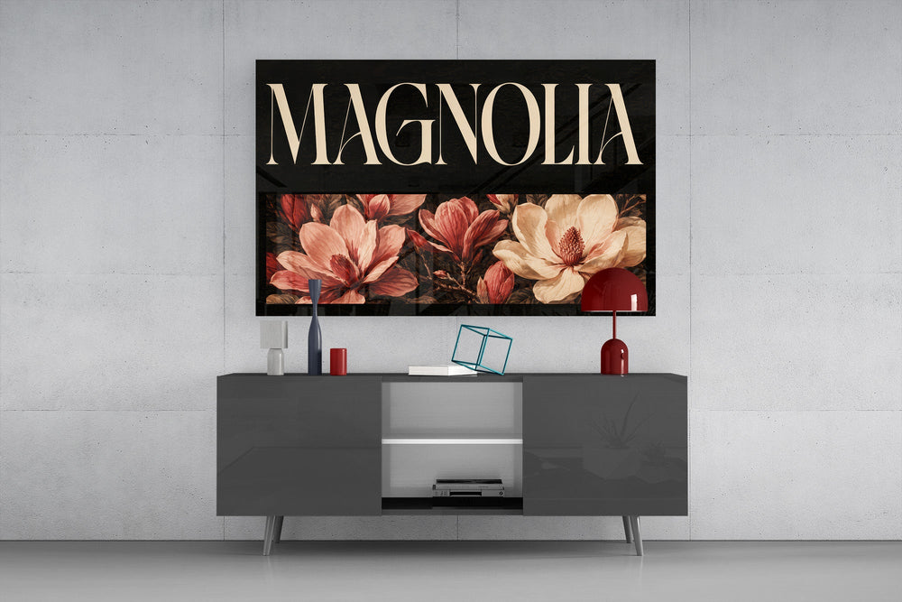magnolia bloom typography glass wall art styled in an atmospheric room setting