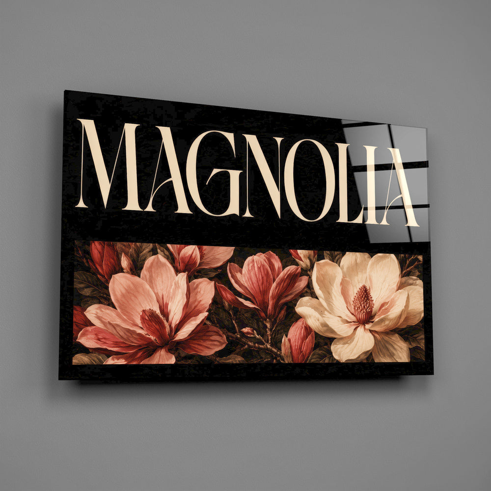 magnolia bloom typography glass wall art angled to show the polished tempered glass panel