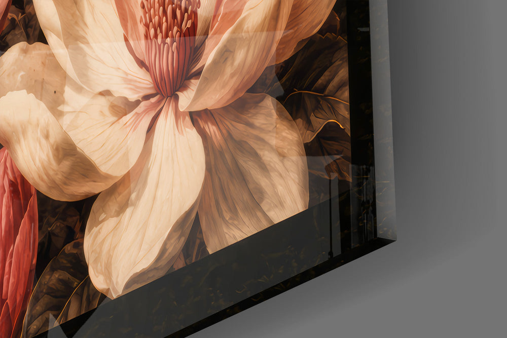 Close-up detail of the open magnolia petals in rose, blush, and ivory on the glass surface