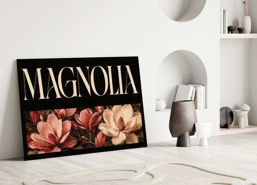 magnolia bloom typography panel bringing character to a minimalist living room wall