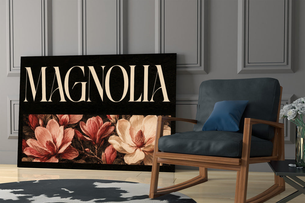 magnolia bloom typography panel resting in a shelving niche in a modern interior