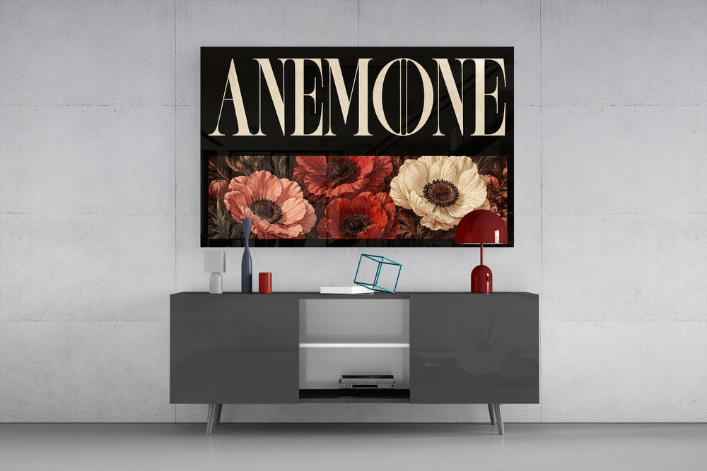 anemone bloom typography glass wall art styled in an atmospheric room setting