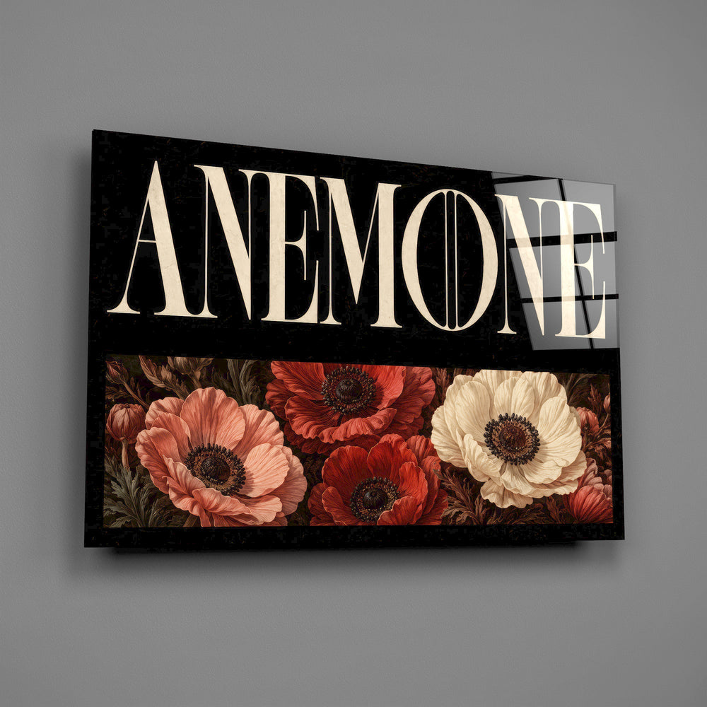 anemone bloom typography glass wall art angled to show the polished tempered glass panel