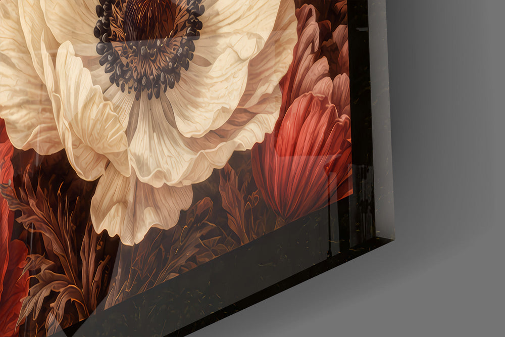 Close-up detail of the anemone petals in scarlet and ivory with dark centers on the glass surface