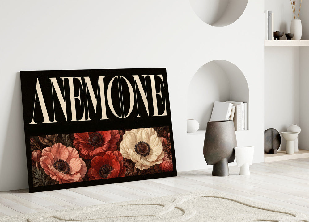 anemone bloom typography panel bringing character to a minimalist living room wall