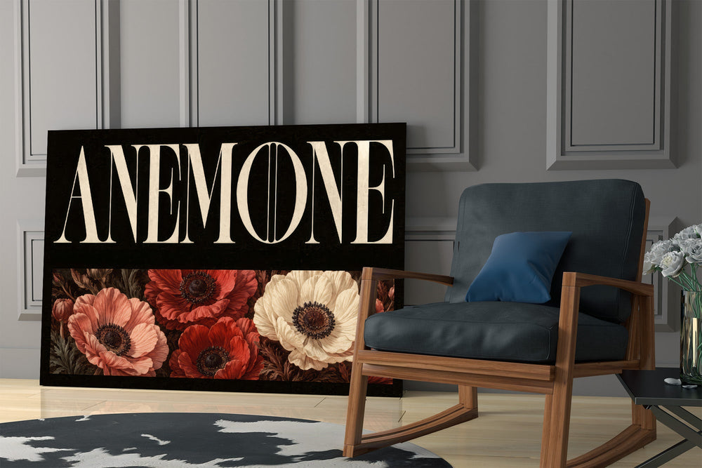 anemone bloom typography panel resting in a shelving niche in a modern interior