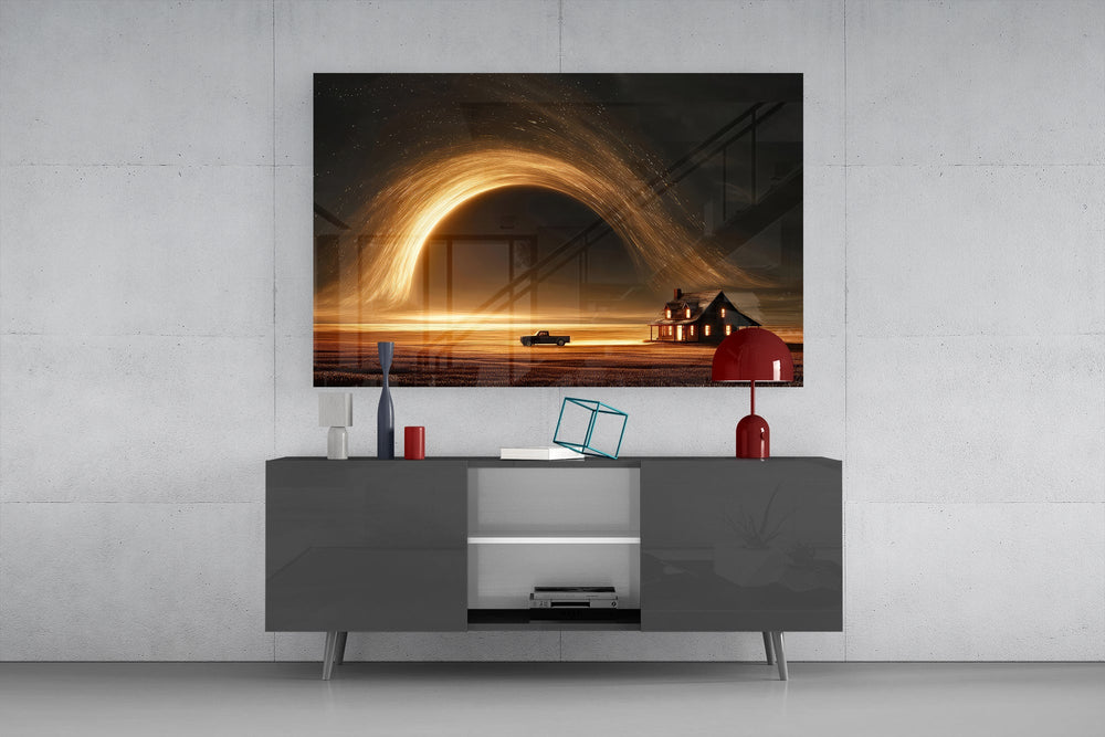 golden vortex over a prairie farmhouse glass wall art styled in an atmospheric room setting