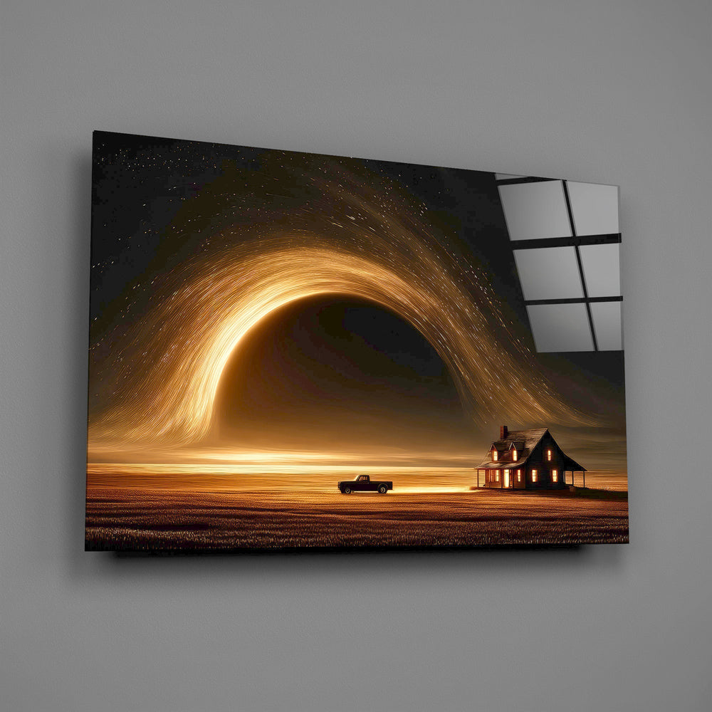 golden vortex over a prairie farmhouse glass wall art angled to show the polished tempered glass panel