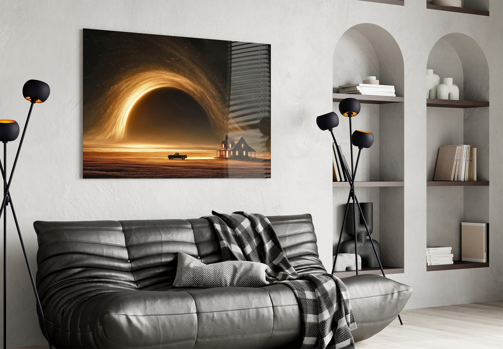 golden vortex over a prairie farmhouse glass wall art styled above an armchair in a reading corner