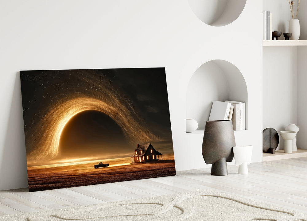 golden vortex over a prairie farmhouse panel bringing character to a minimalist living room wall