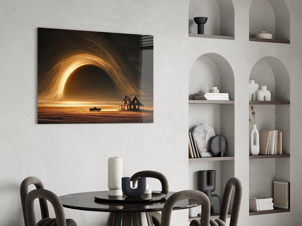 golden vortex over a prairie farmhouse glass wall art leaning beside a dark leather sofa