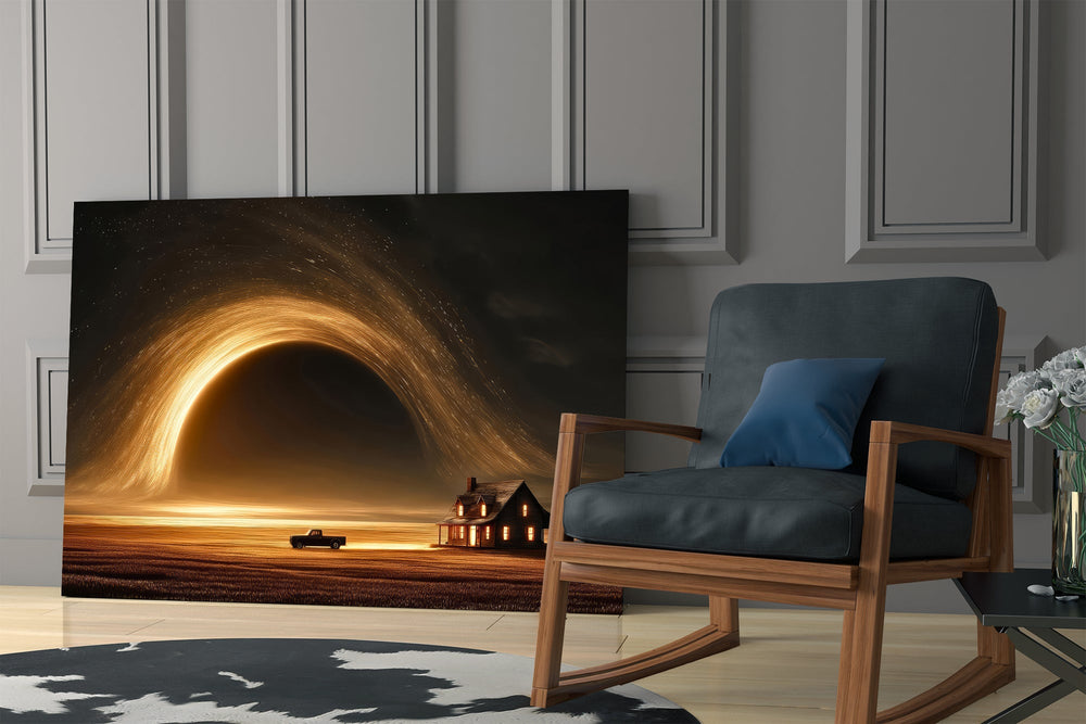 golden vortex over a prairie farmhouse panel resting in a shelving niche in a modern interior