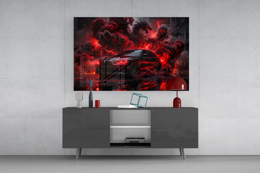 black performance sedan in red smoke glass wall art styled in an atmospheric room setting