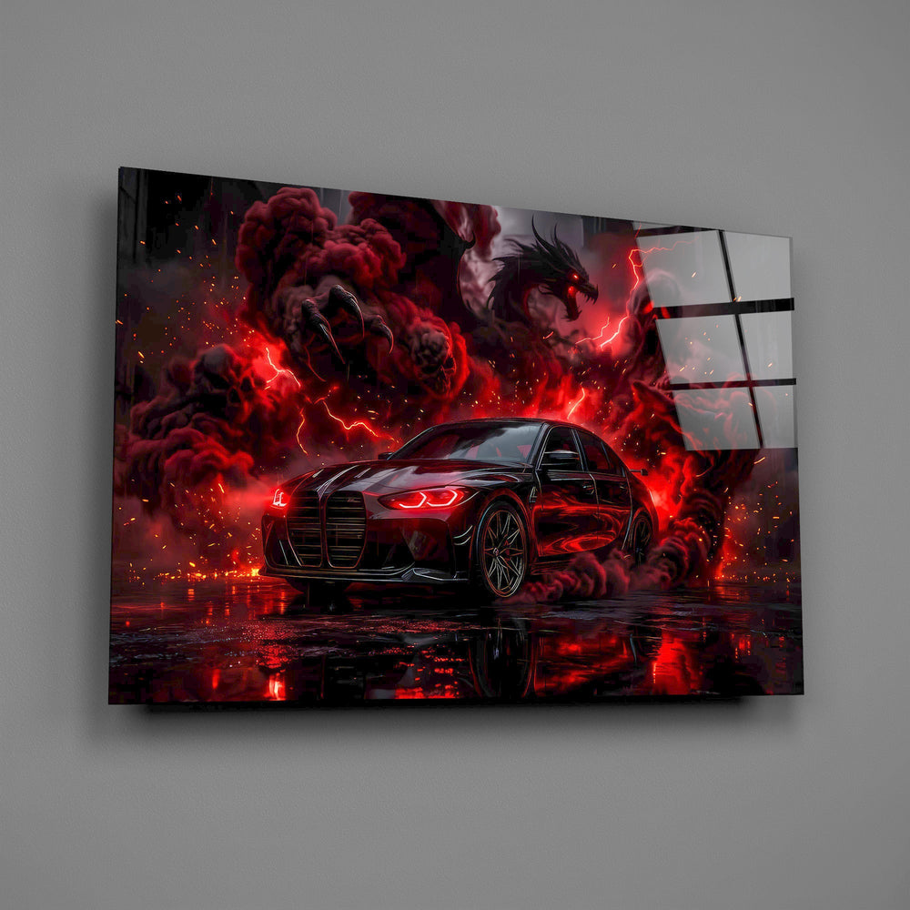 black performance sedan in red smoke glass wall art angled to show the polished tempered glass panel