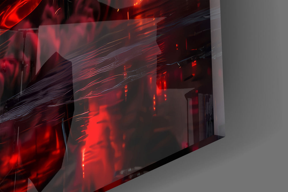 Close-up detail of the glowing red headlights and the dragon rising from crimson smoke on the glass surface