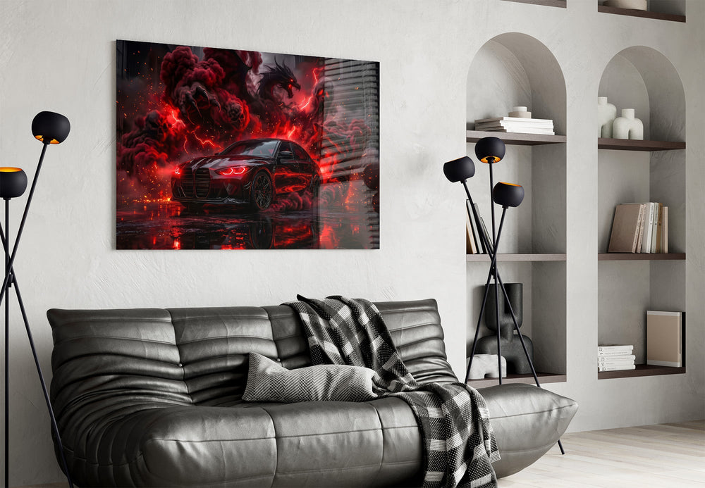 black performance sedan in red smoke glass wall art styled above an armchair in a reading corner