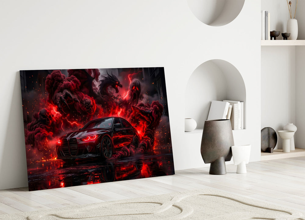 black performance sedan in red smoke panel bringing character to a minimalist living room wall