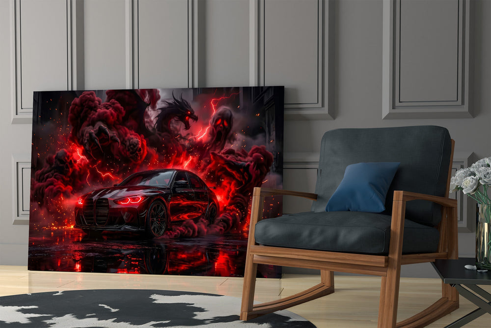 black performance sedan in red smoke panel resting in a shelving niche in a modern interior
