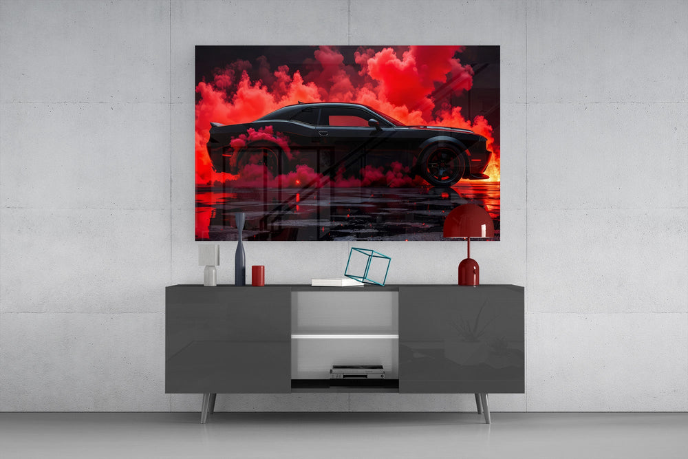 black muscle car in crimson smoke glass wall art styled in an atmospheric room setting